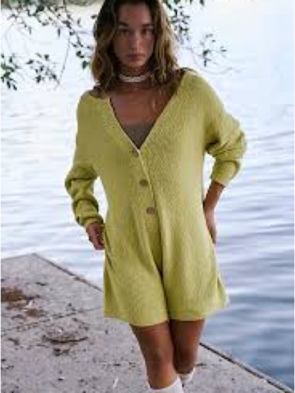 Free People Beau Sweater Romper in a vibrant lime green knit Henley small